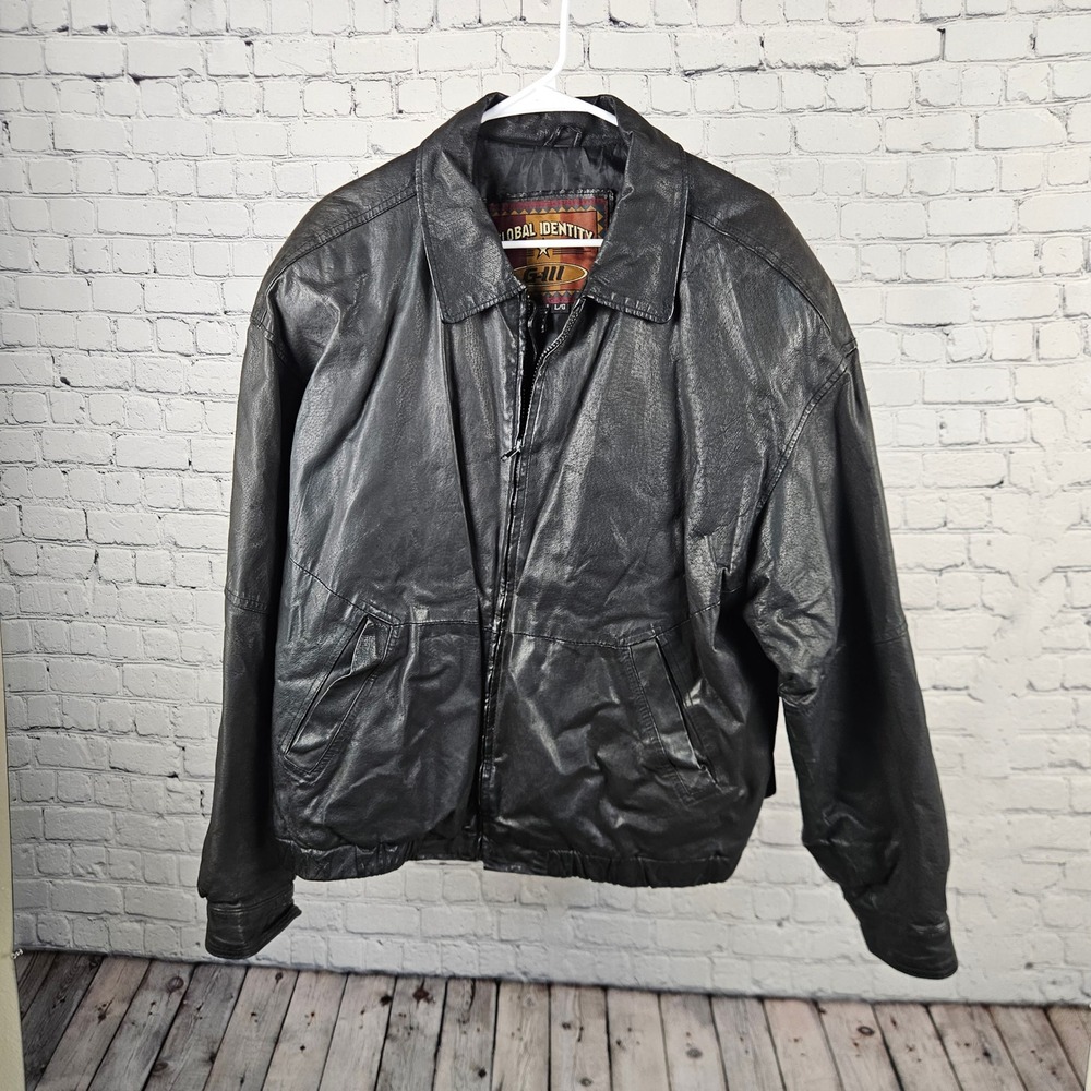 Global Identity G-III Mens Black Leather Bomber Jacket Large Full Zip Vintage